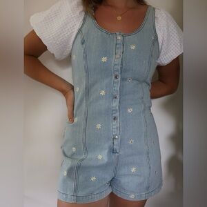 Denim Button Down Romper in Floral Embroidering